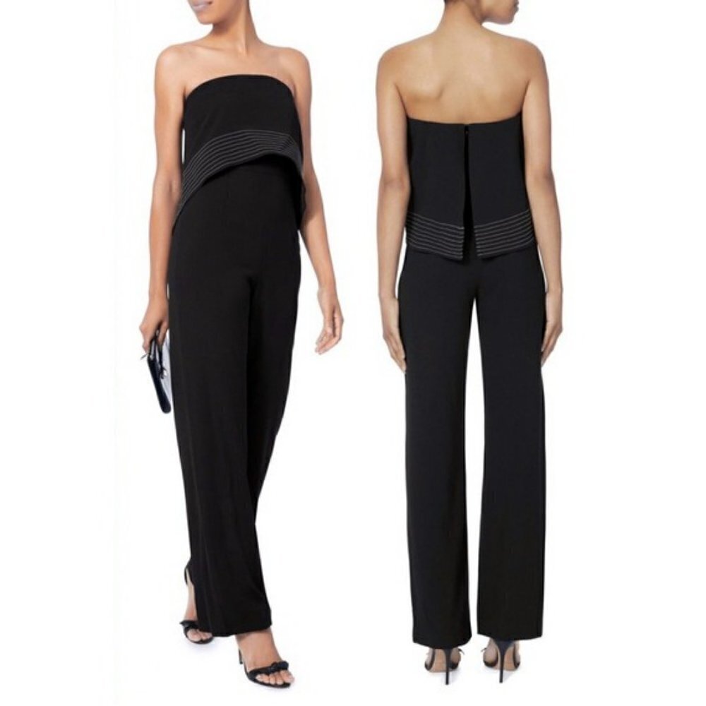 NWT Intermix Margarita Black Off Shoulder Contrast Embroidery Strapless Jumpsuit
